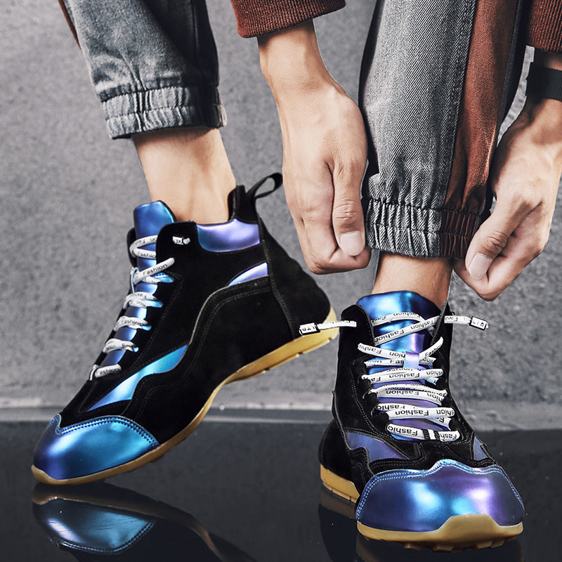 Colorful pearlescent shoes, thick-soled, increased-covered, one-piece men's shoes, high-top trendy s