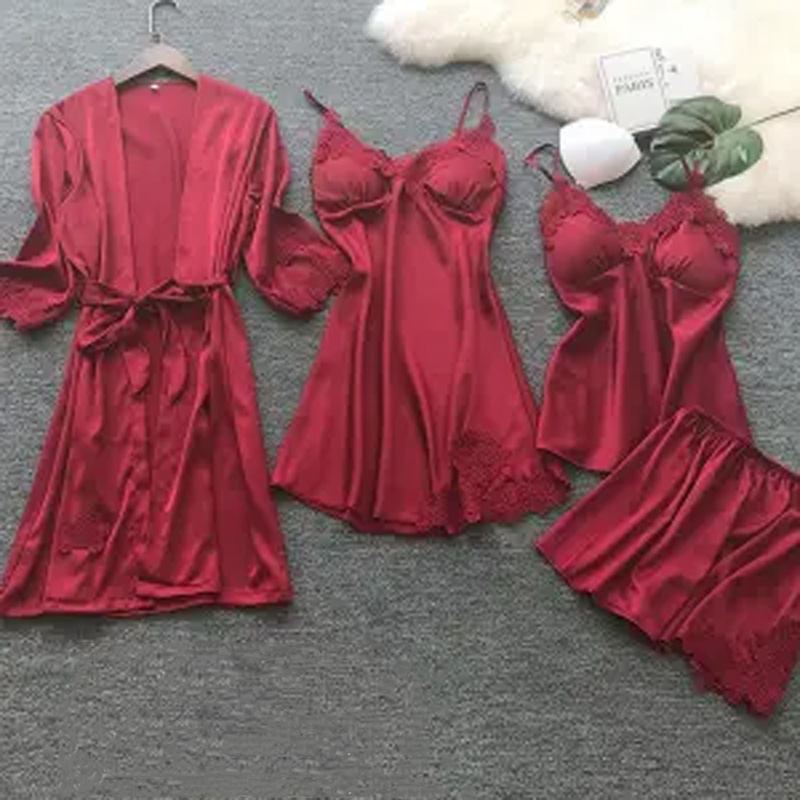 Women's Clothing  Sleep & Lounge  Nightgowns & Sleepshirts Pajamas feminine four-piece set of ice silk sling night gown with chest pad ladies can wear night sk