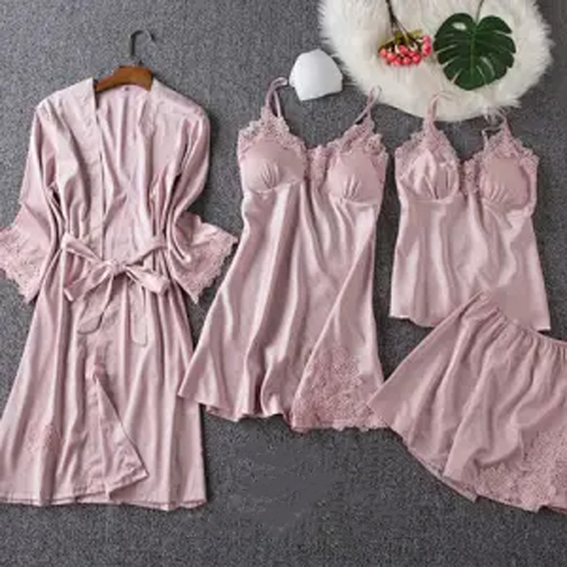 Women's Clothing  Sleep & Lounge  Nightgowns & Sleepshirts Pajamas feminine four-piece set of ice silk sling night gown with chest pad ladies can wear night sk