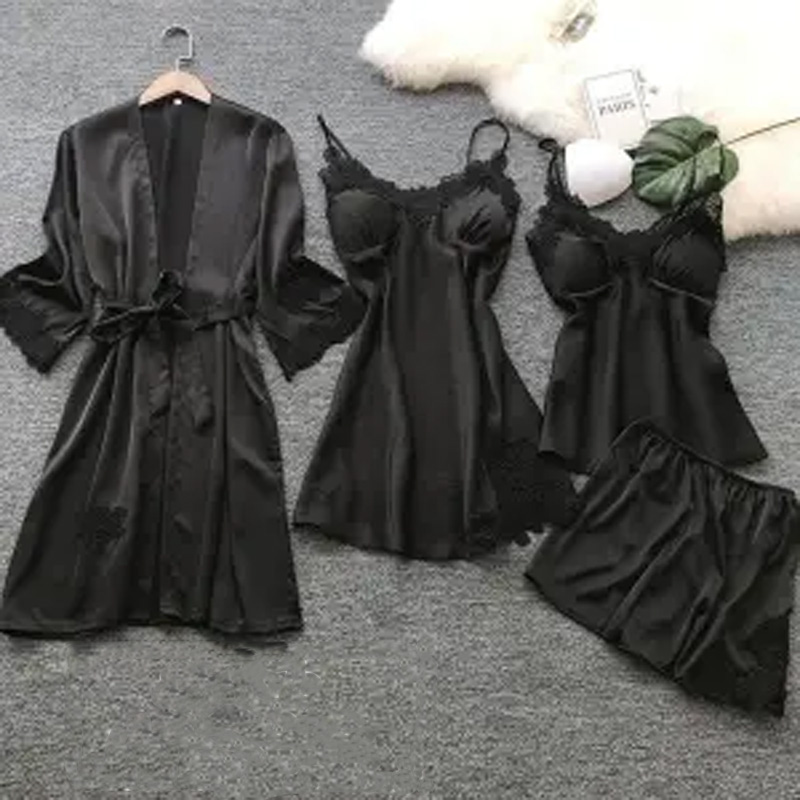 Women's Clothing  Sleep & Lounge  Nightgowns & Sleepshirts Pajamas feminine four-piece set of ice silk sling night gown with chest pad ladies can wear night sk