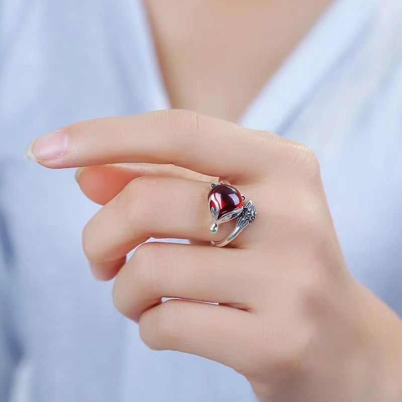 Lucky ring female S925 silver red agate gemstone fox ring can not fade open index finger ring