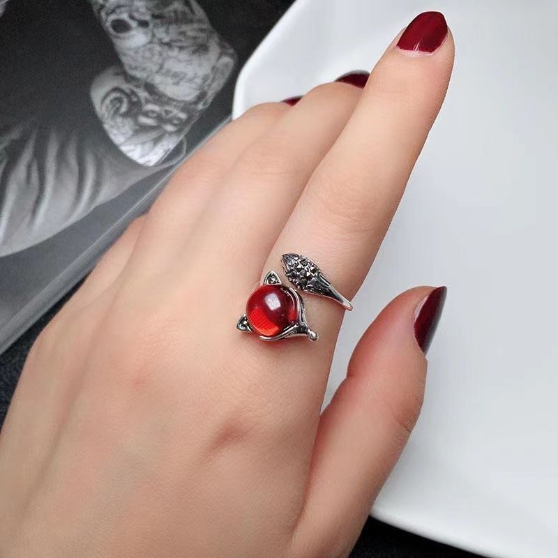 Lucky ring female S925 silver red agate gemstone fox ring can not fade open index finger ring