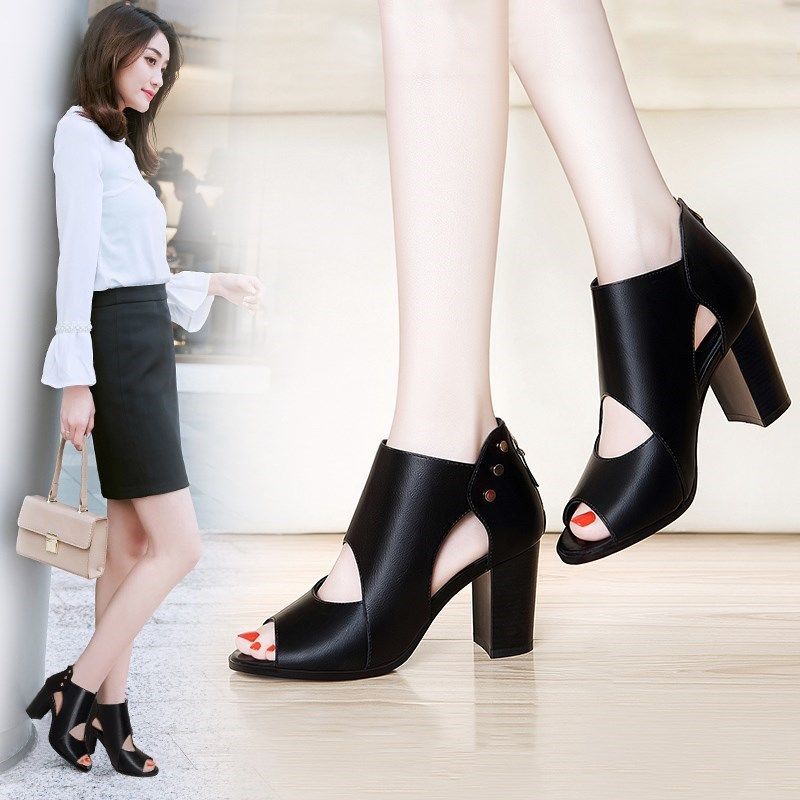 Women's new thick-heeled high-heeled shoes fish mouth deep cut out single shoes leather shoes