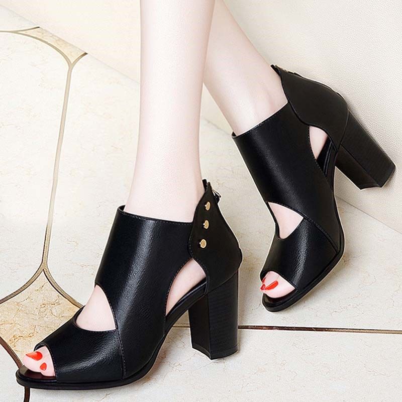 Women's new thick-heeled high-heeled shoes fish mouth deep cut out single shoes leather shoes