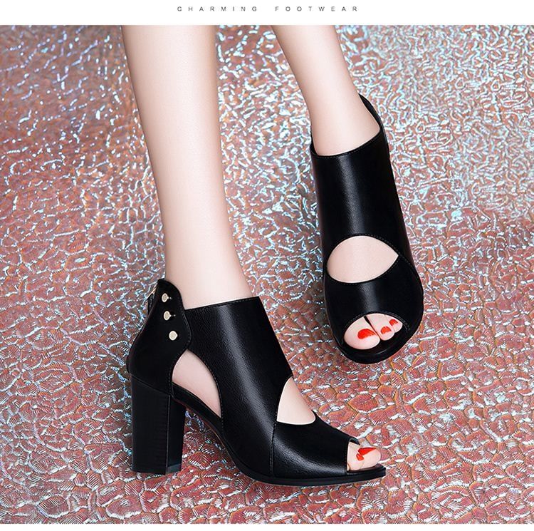 Women's new thick-heeled high-heeled shoes fish mouth deep cut out single shoes leather shoes