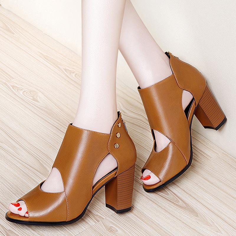 Women's new thick-heeled high-heeled shoes fish mouth deep cut out single shoes leather shoes
