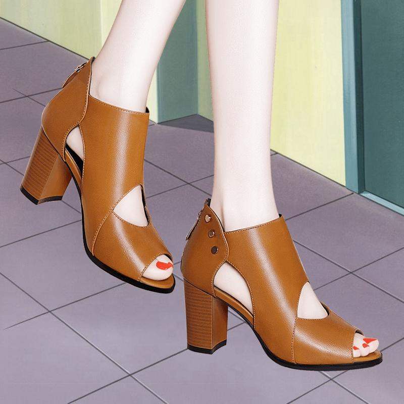 Women's new thick-heeled high-heeled shoes fish mouth deep cut out single shoes leather shoes