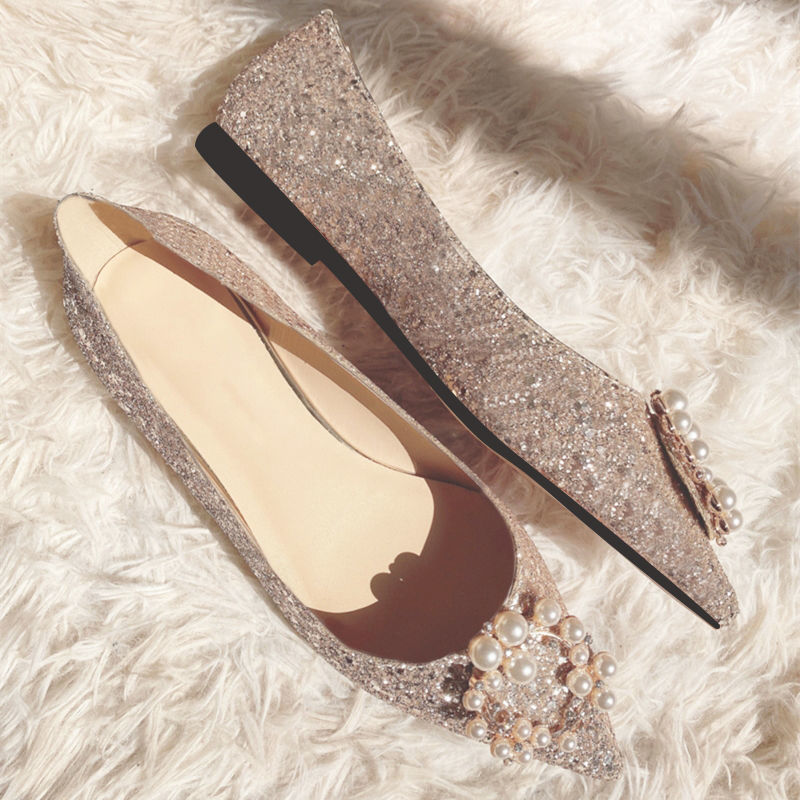 Rhinestone pearl pointed toe flat shoes women low heel shallow mouth crystal sequin single shoes