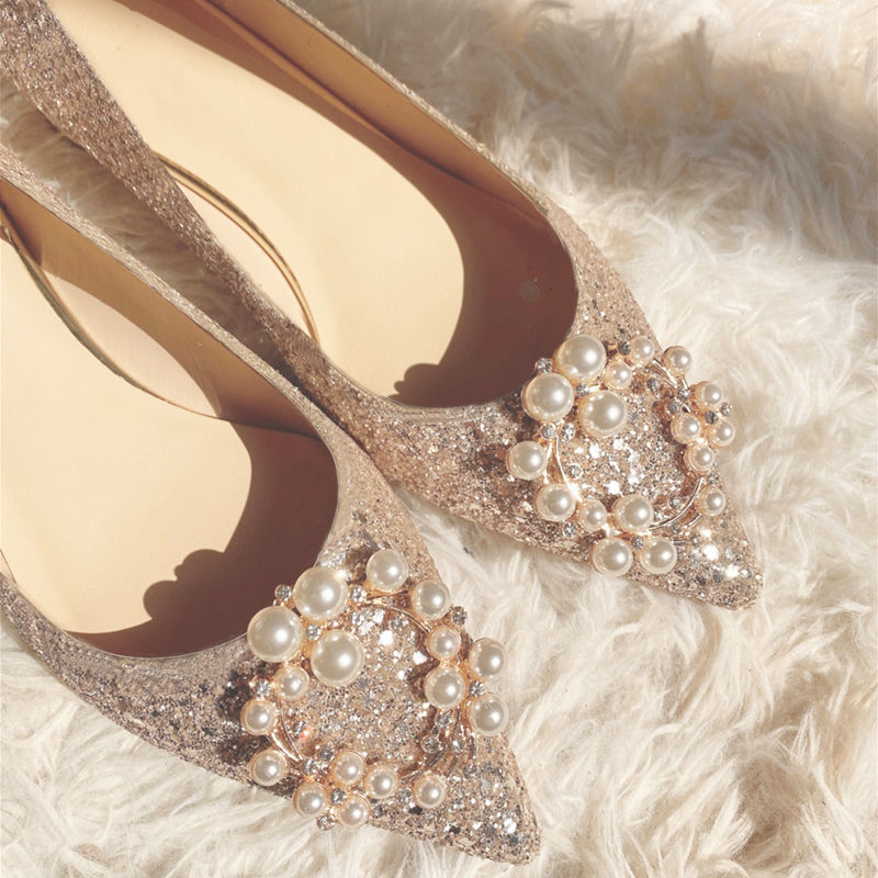 Rhinestone pearl pointed toe flat shoes women low heel shallow mouth crystal sequin single shoes