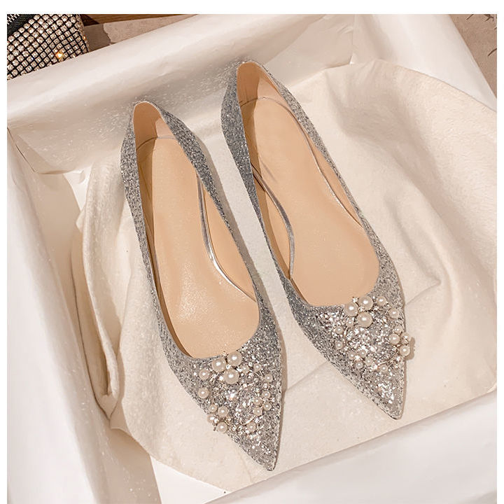 Rhinestone pearl pointed toe flat shoes women low heel shallow mouth crystal sequin single shoes