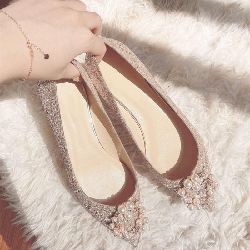 Rhinestone pearl pointed toe flat shoes women low heel shallow mouth crystal sequin single shoes