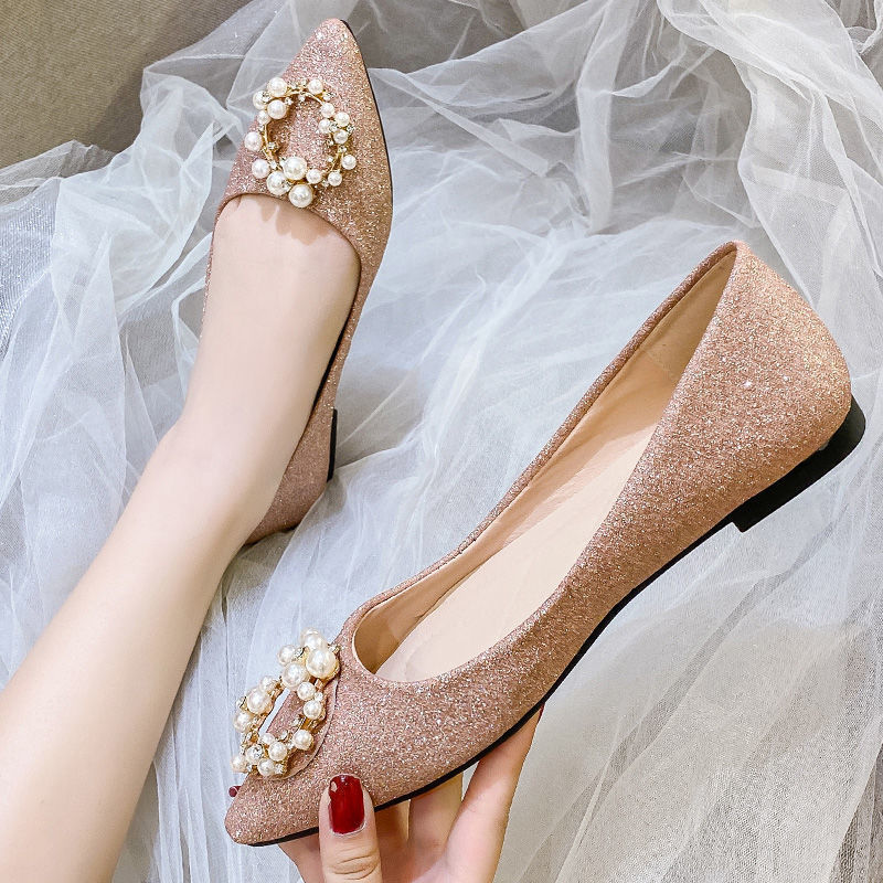 Rhinestone pearl pointed toe flat shoes women low heel shallow mouth crystal sequin single shoes