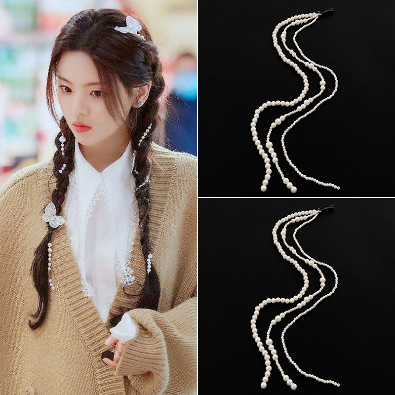 Pearl braided hair chain hair accessories new butterfly hair clip tassel clip headdress female hair