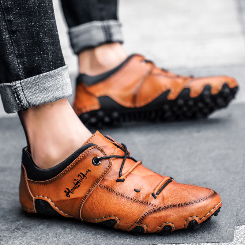 Real cowhide men&apos;s shoes casual leather shoes men&apos;s shoes leather breathable peas shoes men&apos;s spirit