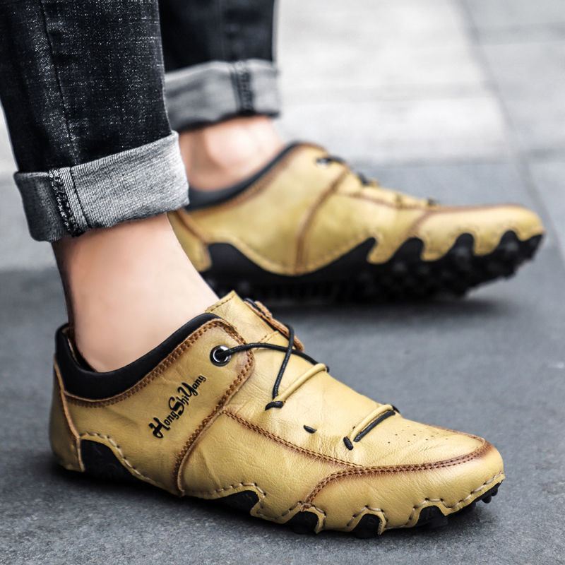 Real cowhide men&apos;s shoes casual leather shoes men&apos;s shoes leather breathable peas shoes men&apos;s spirit