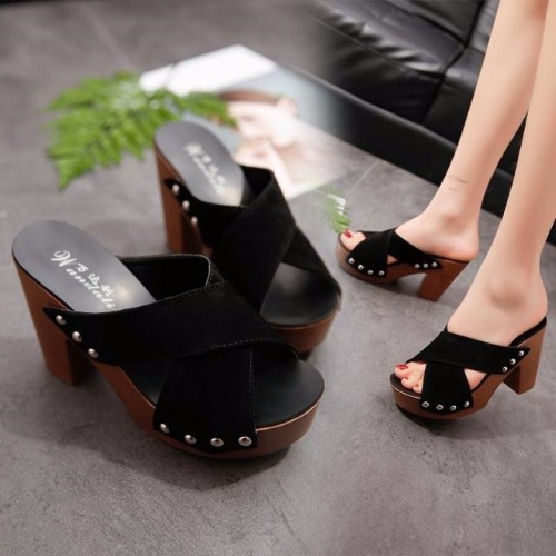 Women's Mules Shoes European and American summer new style waterproof platform thick heel high heel female sandals and slippers sexy one-word drag fish mouth thick bottom female tow