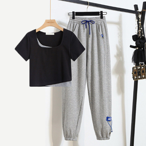 Women's Clothing Tops Two-Piece Outfits Suit casual gray sweatpants women's loose leggings sweatpants spring and summer new fake two-piece t-shirt short-sleeved top