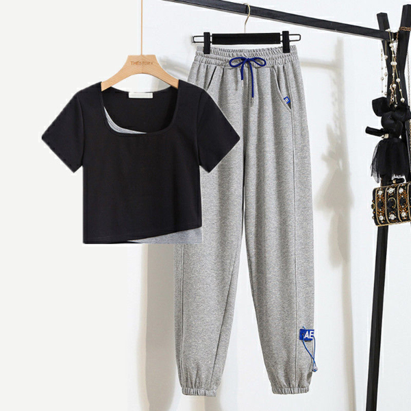 Women's Clothing Tops Two-Piece Outfits Suit casual gray sweatpants women's loose leggings sweatpants spring and summer new fake two-piece t-shirt short-sleeved top