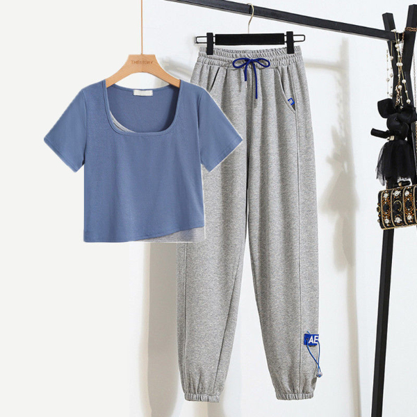 Women's Clothing Tops Two-Piece Outfits Suit casual gray sweatpants women's loose leggings sweatpants spring and summer new fake two-piece t-shirt short-sleeved top