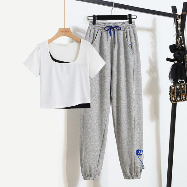 Women's Clothing Tops Two-Piece Outfits Suit casual gray sweatpants women's loose leggings sweatpants spring and summer new fake two-piece t-shirt short-sleeved top