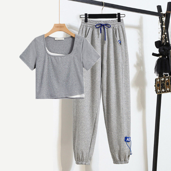 Women's Clothing Tops Two-Piece Outfits Suit casual gray sweatpants women's loose leggings sweatpants spring and summer new fake two-piece t-shirt short-sleeved top