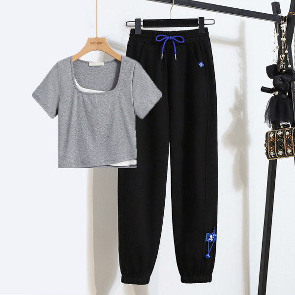 Women's Clothing Tops Two-Piece Outfits Suit casual gray sweatpants women's loose leggings sweatpants spring and summer new fake two-piece t-shirt short-sleeved top