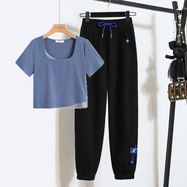 Women's Clothing Tops Two-Piece Outfits Suit casual gray sweatpants women's loose leggings sweatpants spring and summer new fake two-piece t-shirt short-sleeved top