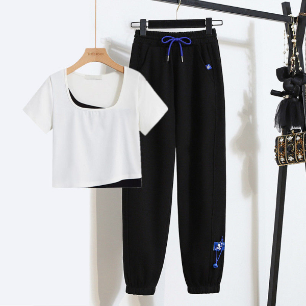 Women's Clothing Tops Two-Piece Outfits Suit casual gray sweatpants women's loose leggings sweatpants spring and summer new fake two-piece t-shirt short-sleeved top