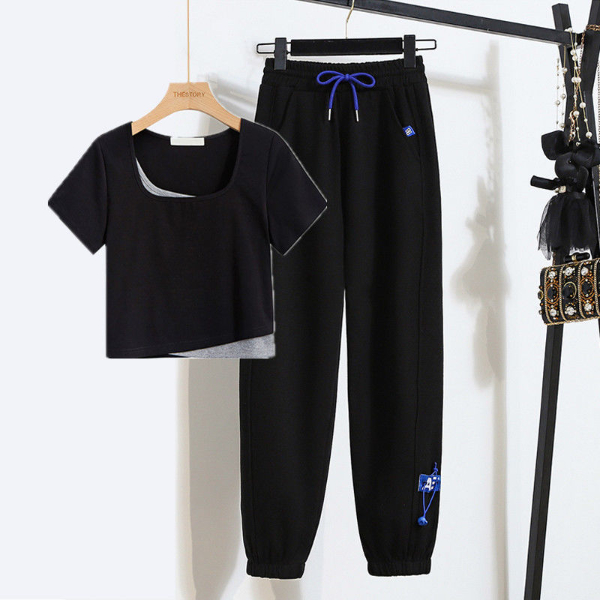 Women's Clothing Tops Two-Piece Outfits Suit casual gray sweatpants women's loose leggings sweatpants spring and summer new fake two-piece t-shirt short-sleeved top