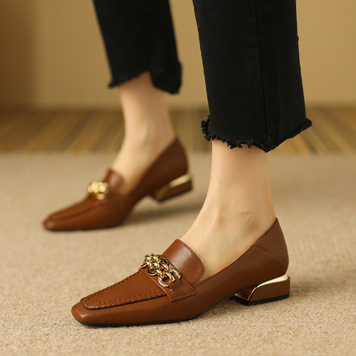 Leather French retro Brown low heel square toe single shoe women's 2022 spring new thick heel flat Le Fu small leather shoes