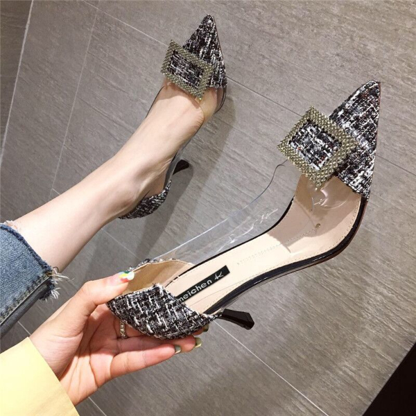 French girls' high heels and stilettos 2020 new online celebrity Korean Joker rhinestone transparent pointed sexy shoes