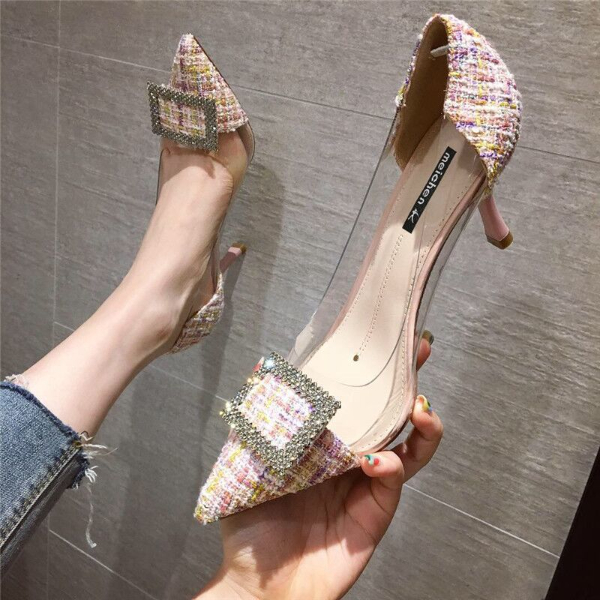 French girls' high heels and stilettos 2020 new online celebrity Korean Joker rhinestone transparent pointed sexy shoes