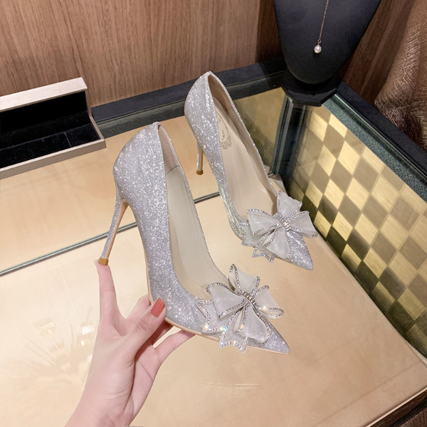 Women's shoes 2021 new autumn Joker fairy wind high heels bow rhinestone stiletto crystal bridesmaid shoes wedding shoes
