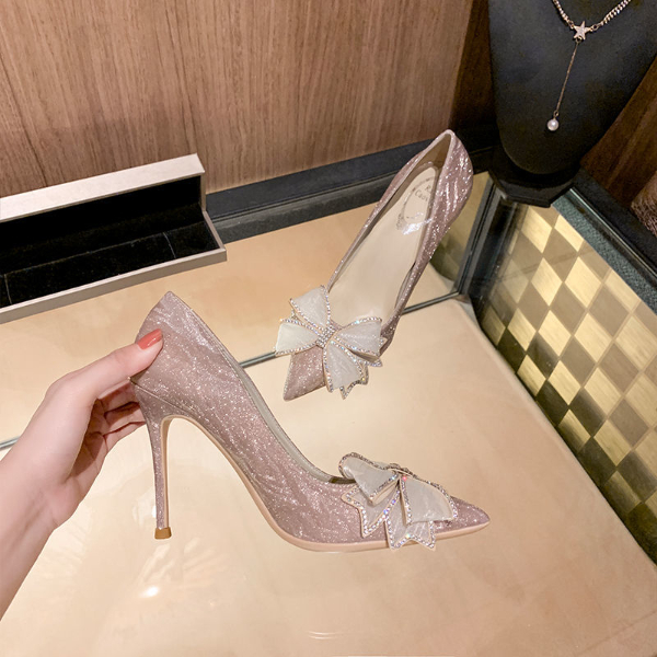 Women's shoes 2021 new autumn Joker fairy wind high heels bow rhinestone stiletto crystal bridesmaid shoes wedding shoes