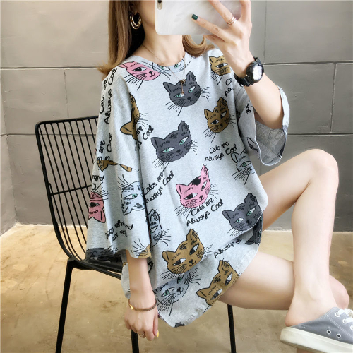 Oversize women's fat mm T-shirt women's short sleeve loose plus fat half sleeved shirt with belly covering