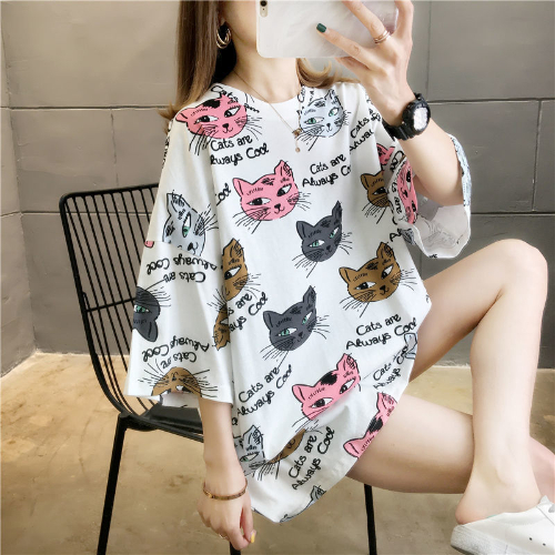 Oversize women's fat mm T-shirt women's short sleeve loose plus fat half sleeved shirt with belly covering