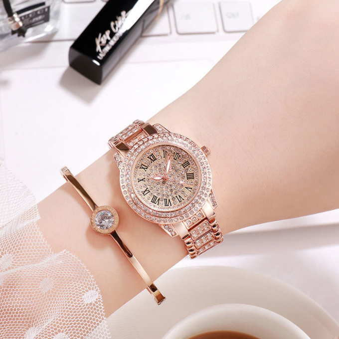Watch women's steel band full diamond temperament women's watch fashion luxury high-end women's quartz watch with Rhinestone luminous