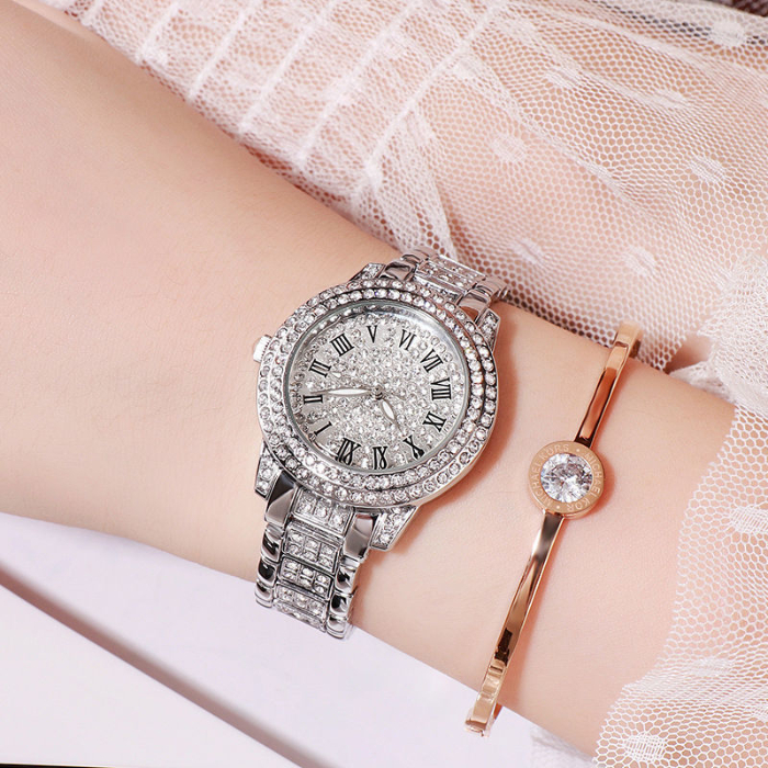 Watch women's steel band full diamond temperament women's watch fashion luxury high-end women's quartz watch with Rhinestone luminous