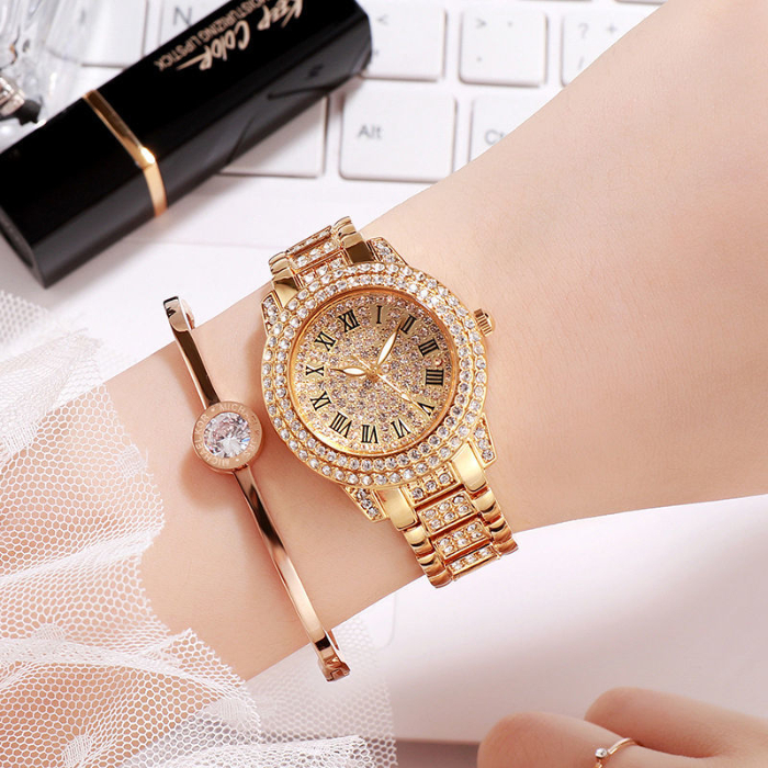Watch women's steel band full diamond temperament women's watch fashion luxury high-end women's quartz watch with Rhinestone luminous