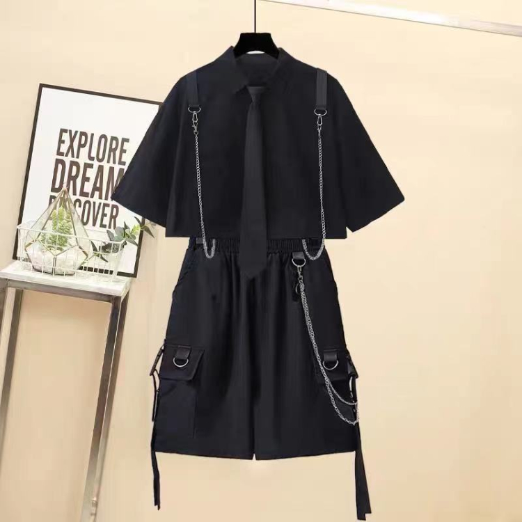 Tooling suit female student 2022 summer Korean version loose short-sleeved top shirt + high waist five-point shorts two-piece tide
