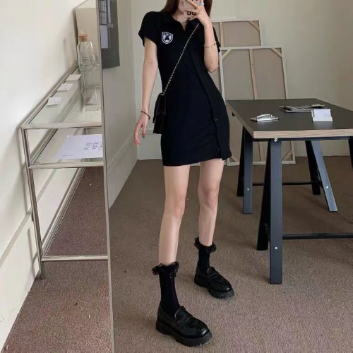 French bag hip POLO collar dress women's summer oblique button gray single-breasted age-reducing temperament skirt waist and thin