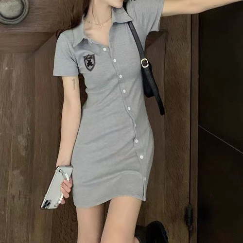 French bag hip POLO collar dress women's summer oblique button gray single-breasted age-reducing temperament skirt waist and thin