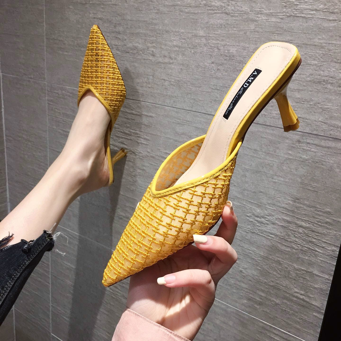 Sandals all-match new sexy stiletto girl Baotou half slippers fashion high heels female pointed shoe