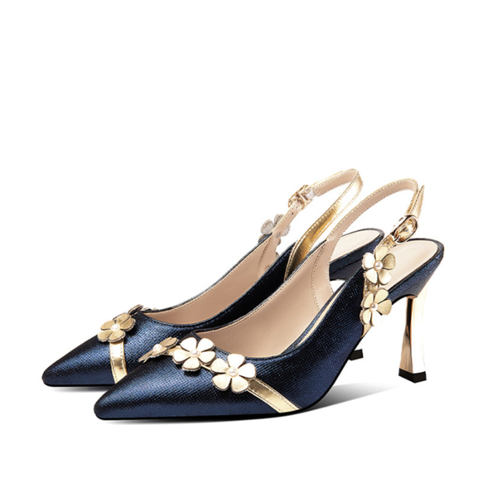 Top layer cow leather high heels summer style versatile contrast color sexy flowers electroplating heel elegance