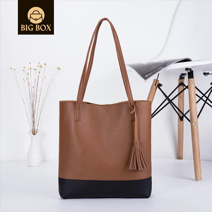 BigBox Women color blocking Handbag Designer Fashionable large capacity tassel design PU leather shoulder tote bag women handbag Brown MBrown,M