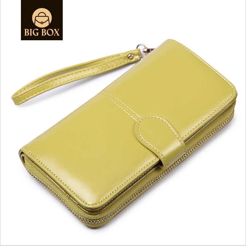 BigBox Womens Multi-card Position Wallet Bifold Ladies Cluth Wristlet Wrist strap Oil Wax Leather Retro Long Purse brown one size