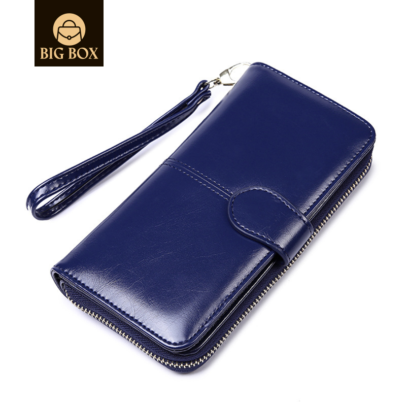 BigBox Womens Multi-card Position Wallet Bifold Ladies Cluth Wristlet Wrist strap Oil Wax Leather Retro Long Purse brown one size