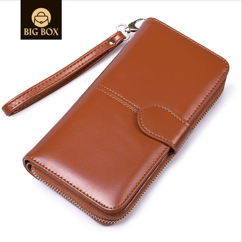 BigBox Womens Multi-card Position Wallet Bifold Ladies Cluth Wristlet Wrist strap Oil Wax Leather Retro Long Purse brown one size
