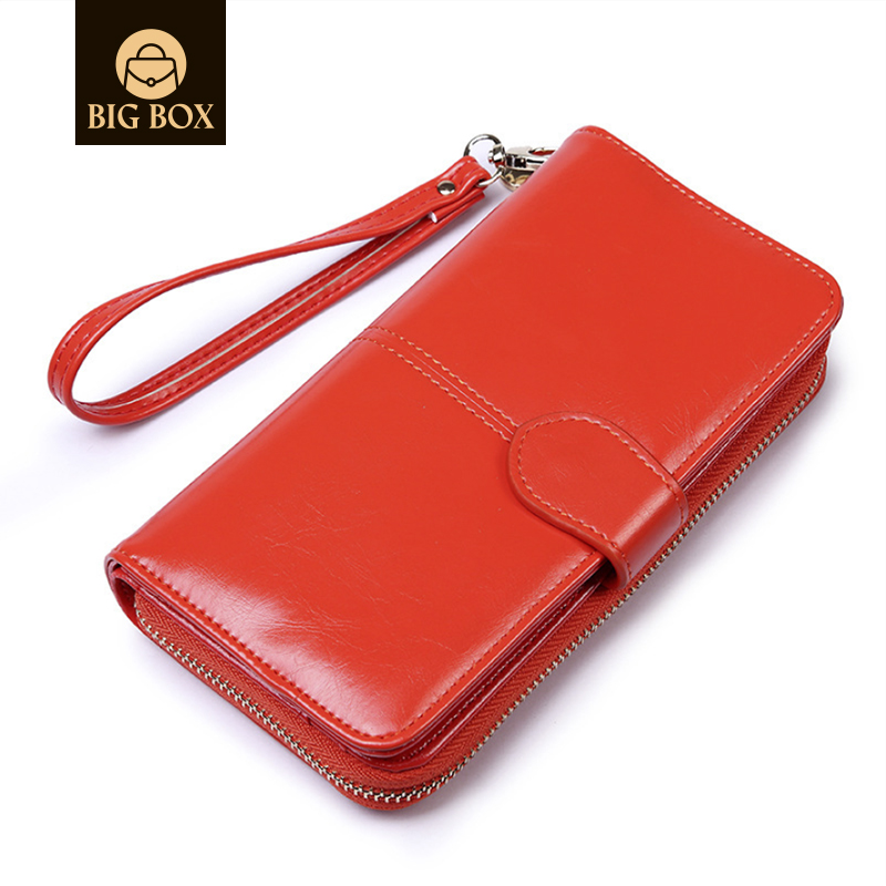 BigBox Womens Multi-card Position Wallet Bifold Ladies Cluth Wristlet Wrist strap Oil Wax Leather Retro Long Purse brown one size