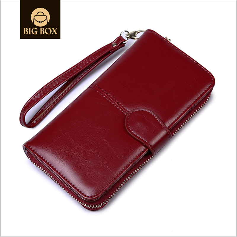 BigBox Womens Multi-card Position Wallet Bifold Ladies Cluth Wristlet Wrist strap Oil Wax Leather Retro Long Purse brown one size